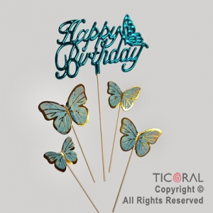 CAKE TOPPER CON 4 MARIPOSAS CELESTES Y HAPPY BIRTHDAY CURSIVA TURQUESA METALIZADO
